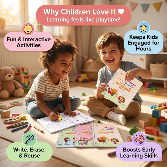 Two children playing with educational books and toys in a room.