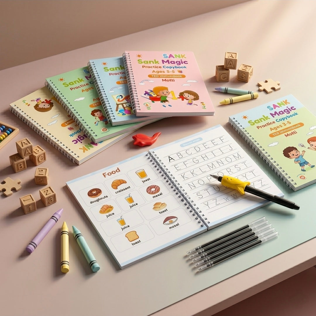 Children's educational books with writing utensils on a table
