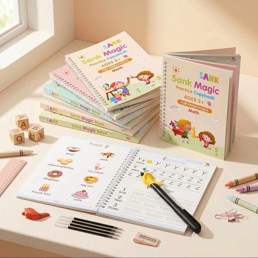 Children's educational books on a table with stationery items