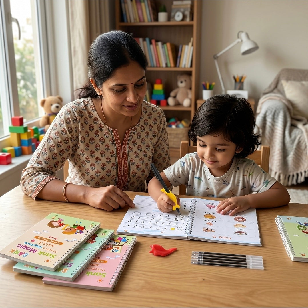 Woman and child at a table with educational materials in a home setting