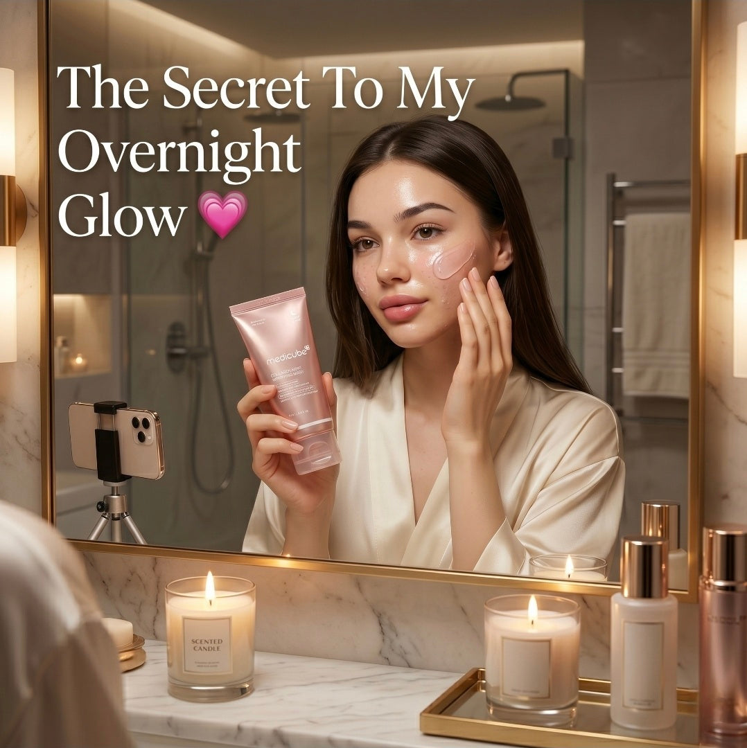 Woman applying skincare product in front of a mirror with text 'The Secret To My Overnight Glow' in a bathroom setting.
