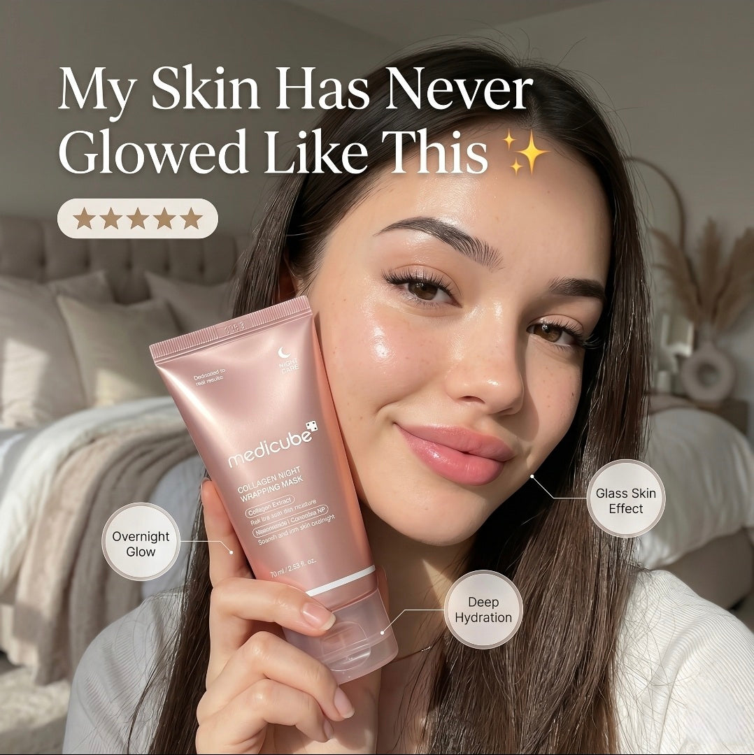 Woman holding a skincare product with text 'My Skin Has Never Glowed Like This' and product features.