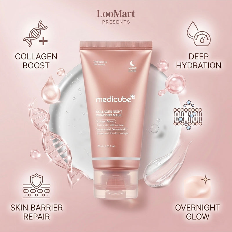 Medicube collagen night cream mask with product features on a pink background