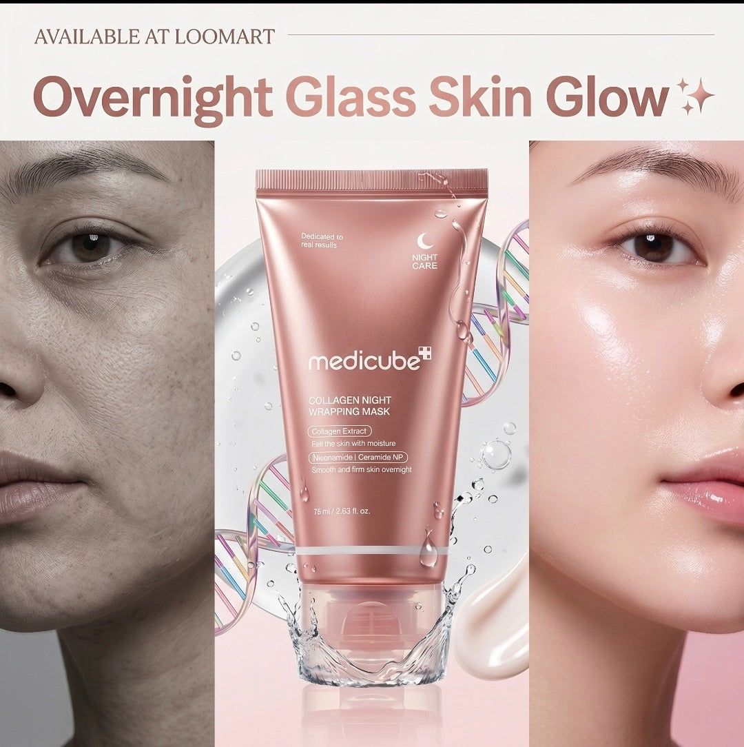 Medicube collagen night renewal mask packaging with before and after effects on skin.