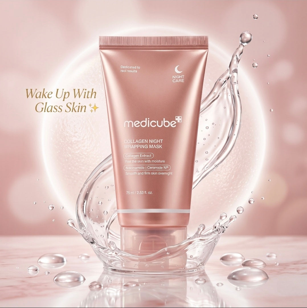 Medicube collagen night wrapping mask on a pink background with water droplets