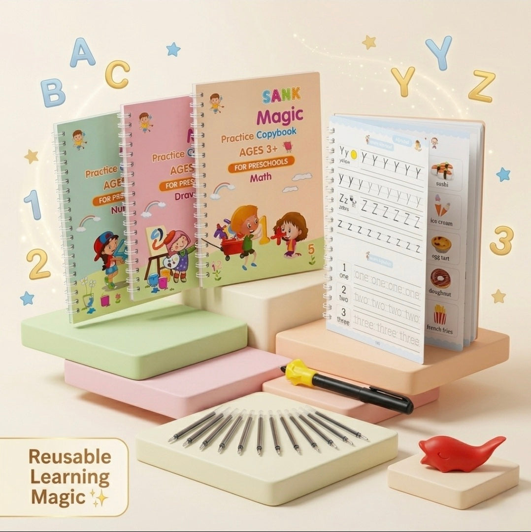 Educational learning set with books, pen holder, and pencils on a light background