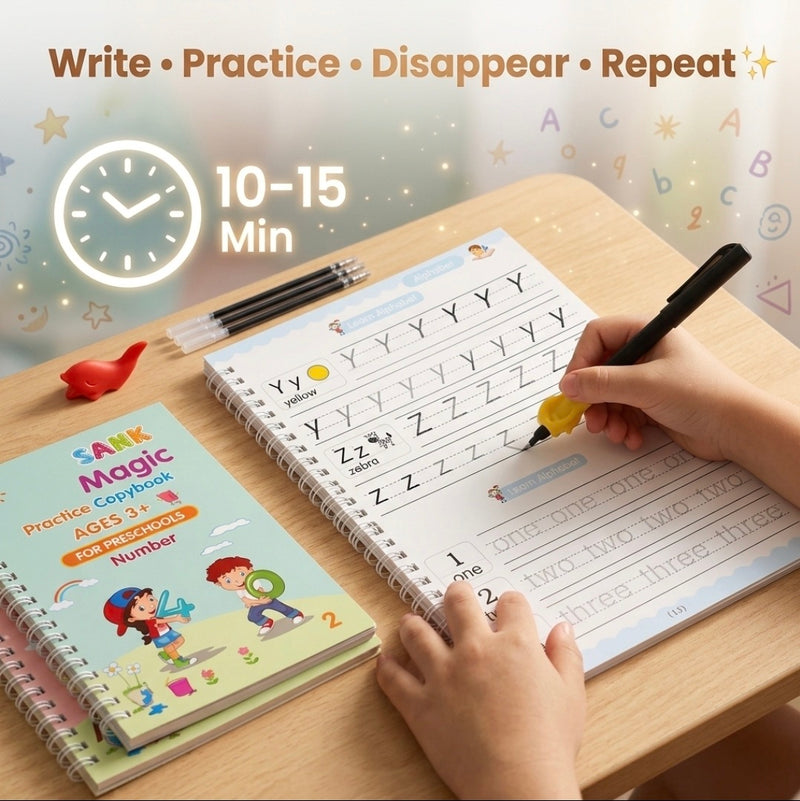 Children's activity book with a pen, showing letters being written and erased on a table.