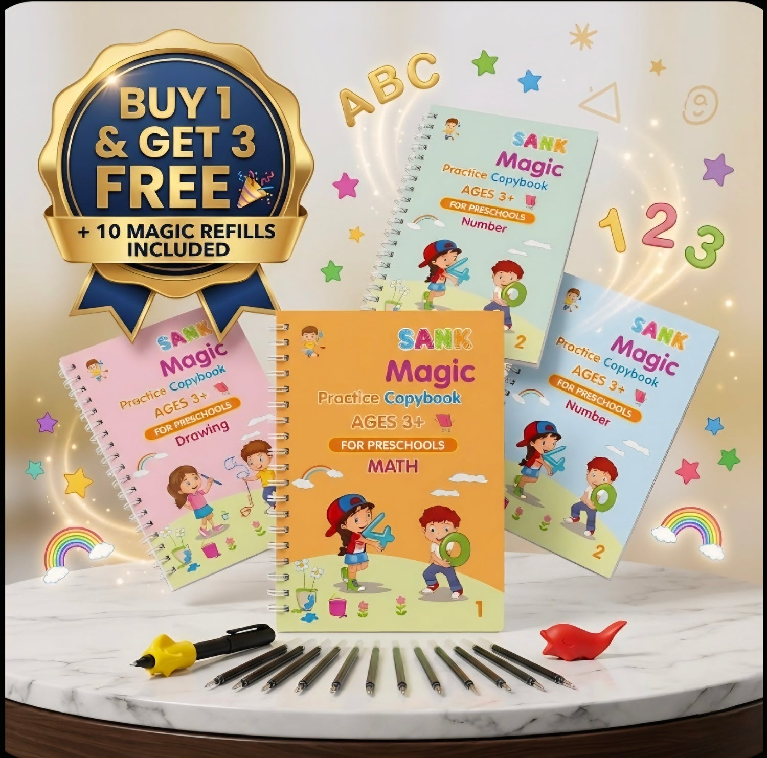 SANK Magic Practice Copybooks for Preschools with promotional text on a decorative background