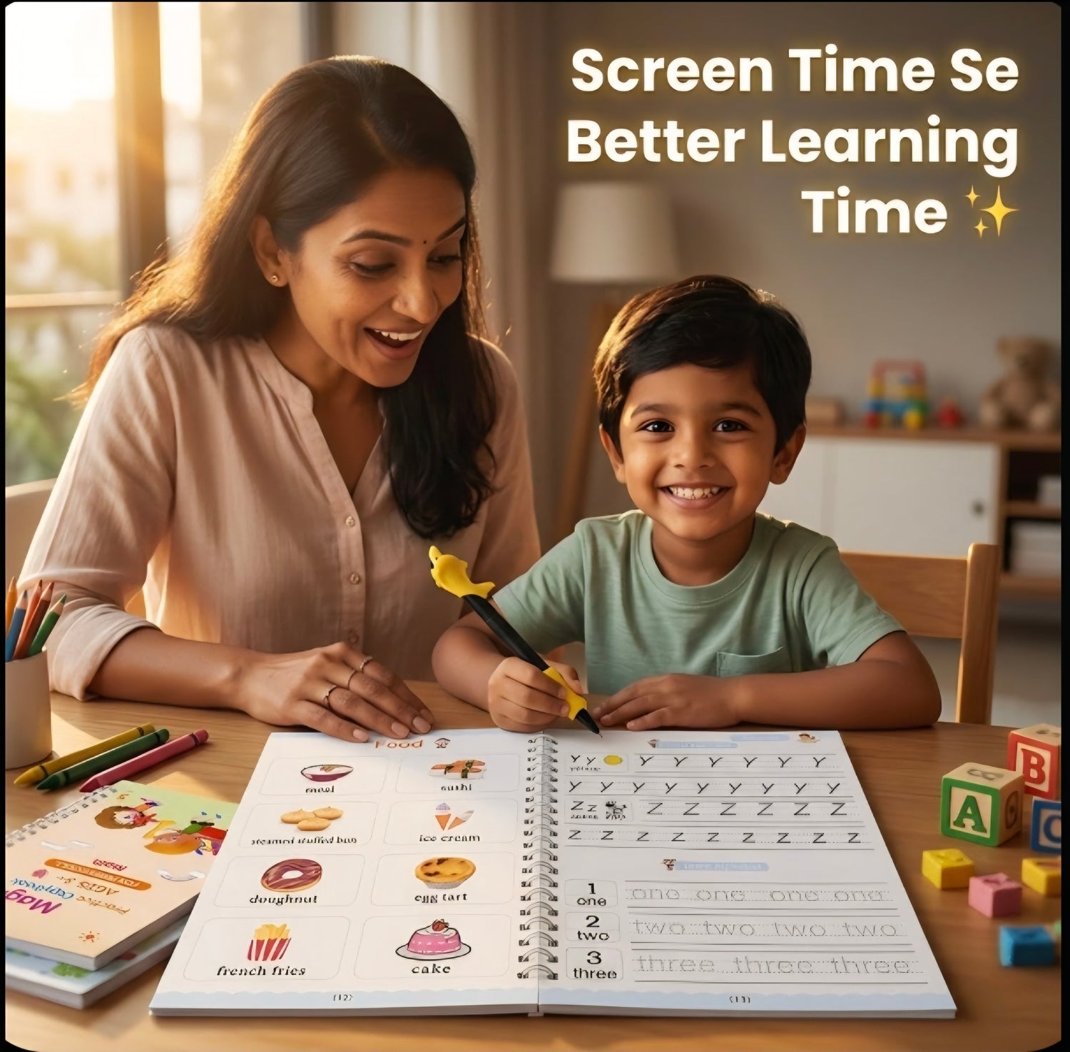 Woman and child engaged in educational activity with a book on a table.