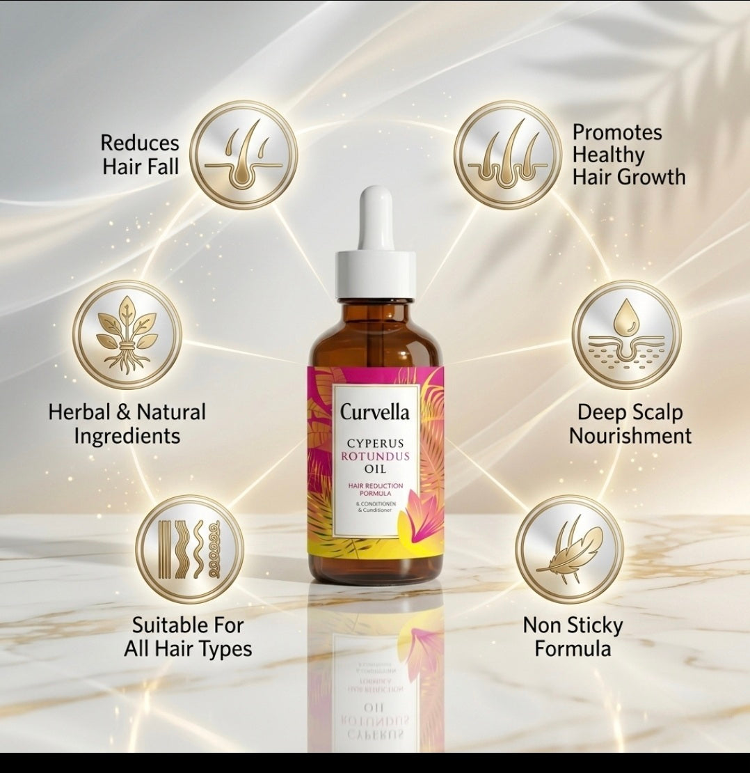 Curvela hair oil bottle with benefits on a light background