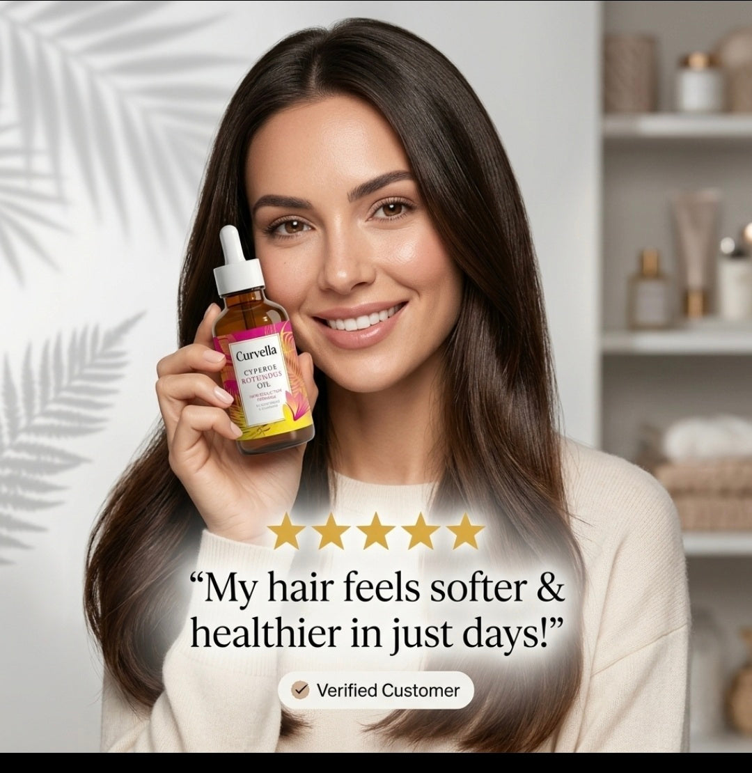 Woman holding a bottle of Curvella hair product with a five-star rating and customer testimonial.