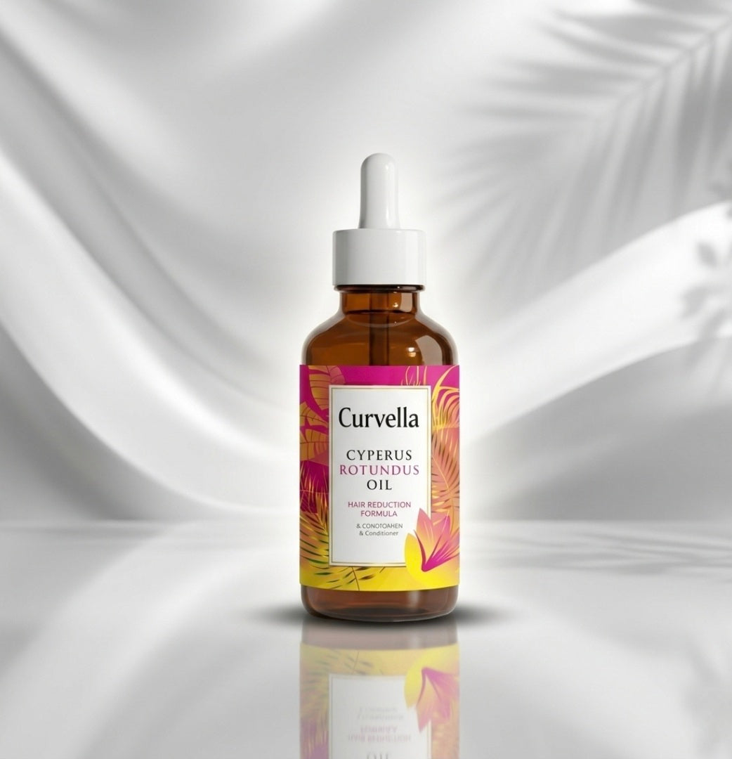 Curvella Cypresus Rotundus Oil bottle on a reflective silver background