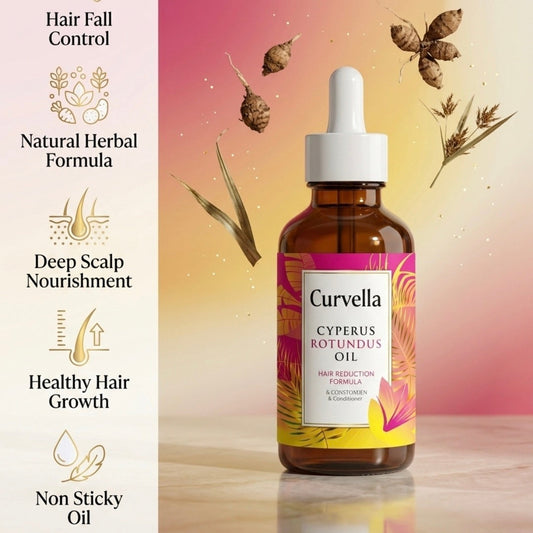 Curvela Cyperus Rotundus oil bottle with features on a gradient background
