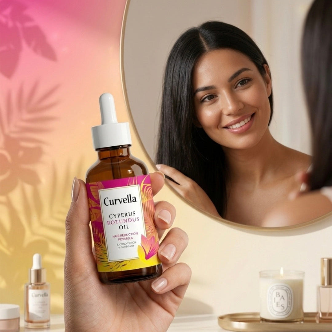 Person holding a bottle of Curvella oil with a mirror reflection showing a woman with long hair.