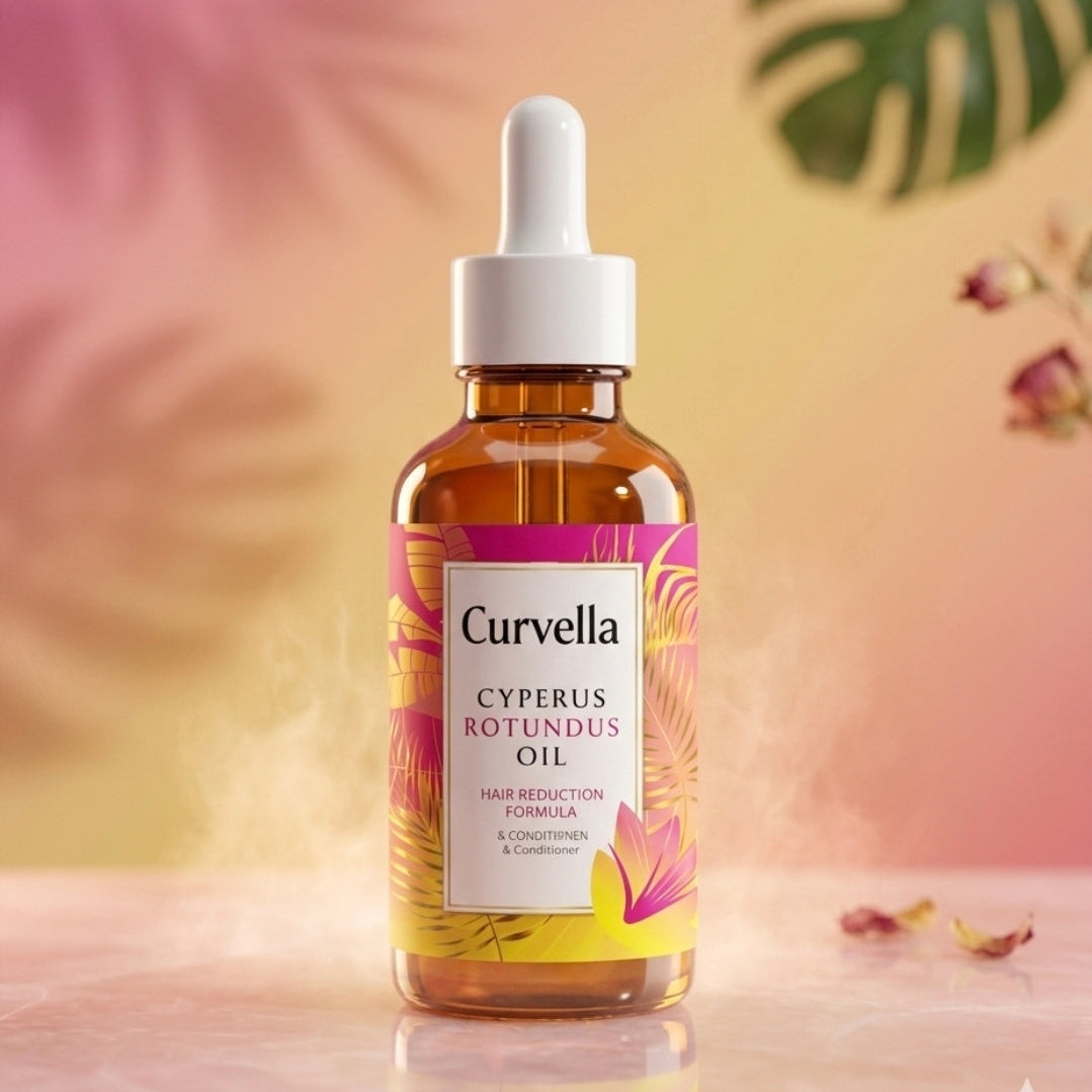 Curvella Cyperus Rotundus oil bottle on a blurred natural background