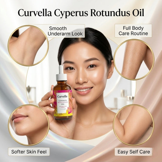 Woman holding Curvela Cyperus Rotundus Oil with product features highlighted