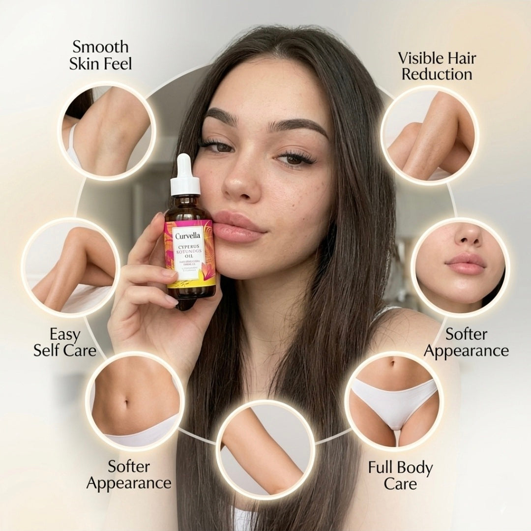 Woman holding a bottle of a skincare product with icons indicating product benefits.