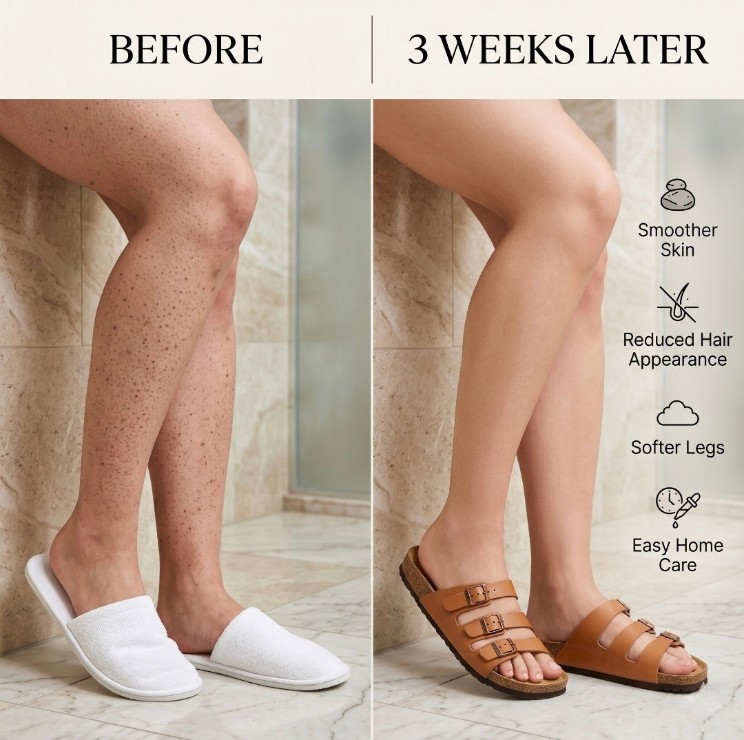 Before and after comparison of legs with text indicating improvements after 3 weeks.