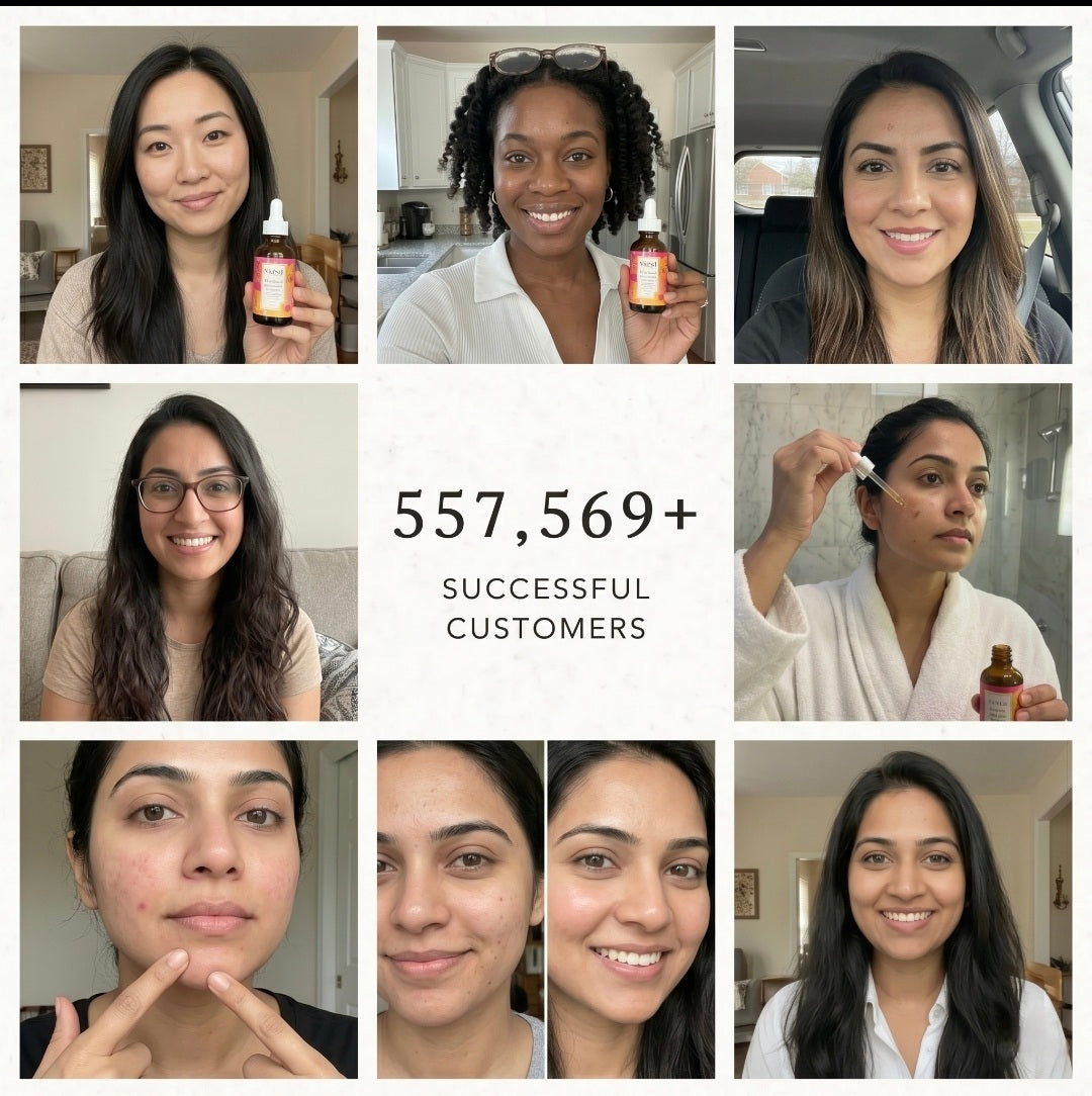 Collage of women using a skincare product with text indicating successful customers.