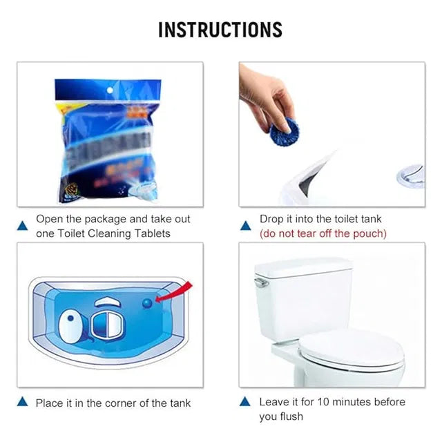 Instructions for using toilet cleaning tablets with a diagram of the process.