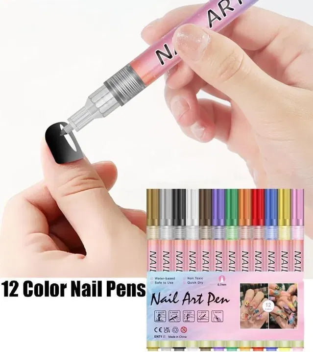 Nail art pen set with 12 colors being used on a nail, accompanied by the pen packaging.