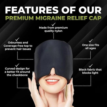 Premium migraine relief cap with features listed on a black background