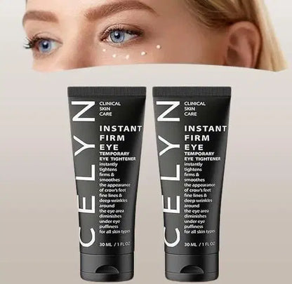Two black tubes of 'Instant Firm Eye' skincare product on a beige background.