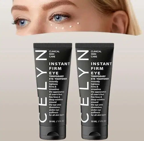 Two black tubes of 'Instant Firm Eye' skincare product on a beige background.