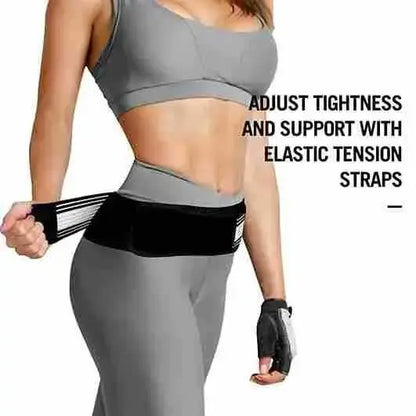 Person wearing a gray sports bra and leggings with an elastic tension strap around their waist.