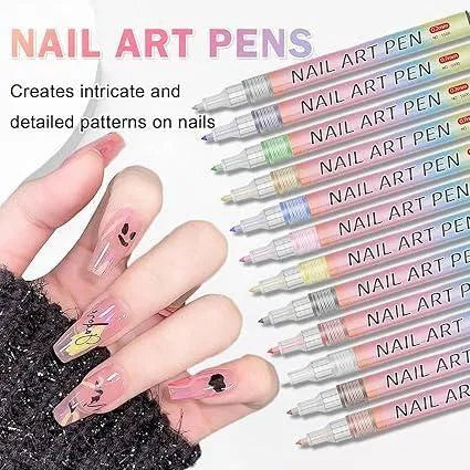 Set of nail art pens with a hand displaying painted nails, surrounded by text highlighting their use.