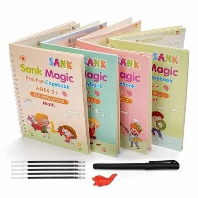 Set of colorful 'Sank Magic' practice copybooks for pre-schools with pens and a toy on a white background.