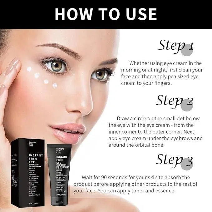Instructions on how to use eye cream with a close-up of a woman's face and product packaging.