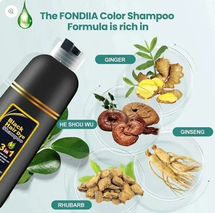 FONDIIA Color Shampoo bottle with ingredients like ginger, he shou wu, ginseng, and rhubarb on a light blue background.