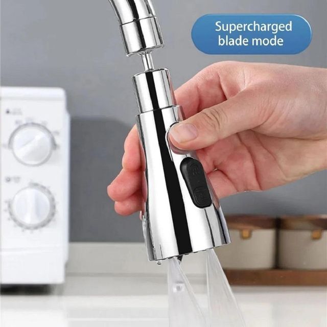 Hand holding a kitchen faucet with water flowing, labeled 'Supercharged blade mode'.