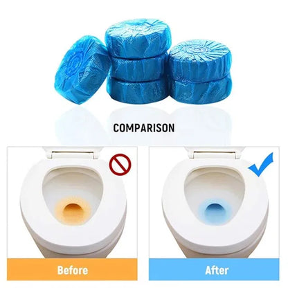Comparison of a toilet with and without blue cleaning products, showing before and after effects.