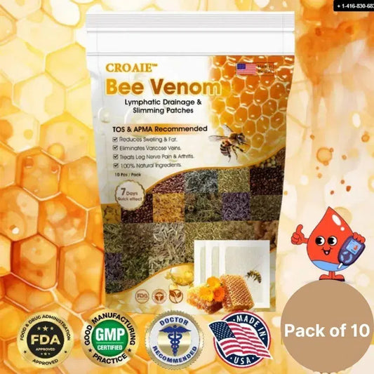 CROAIE Bee Venom patches packaging with honeycomb design and FDA approval logos.
