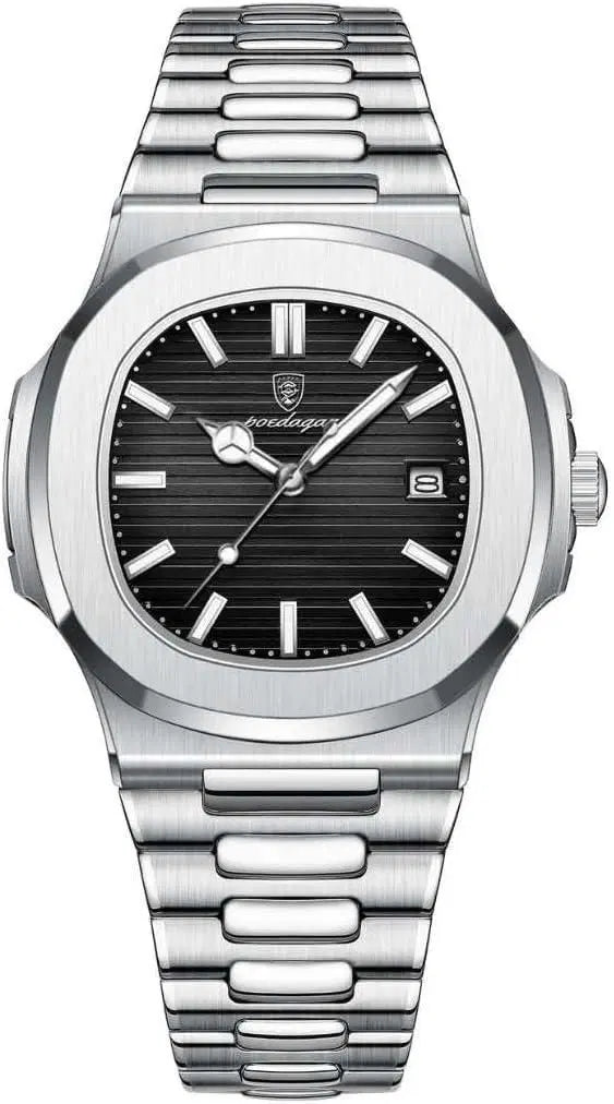 Silver watch with black dial on a white background