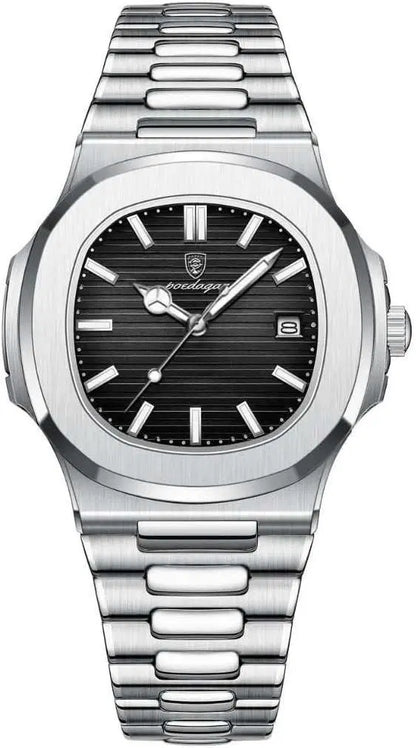 Silver watch with black dial on a white background