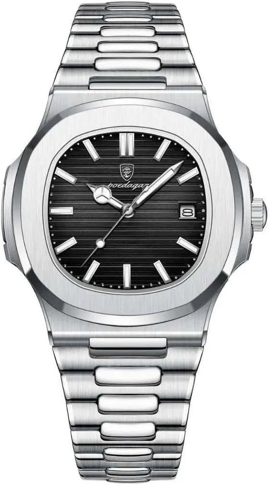 Silver watch with black dial on a white background