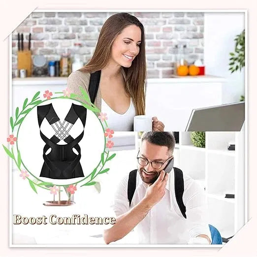Two people using a posture corrector with a product inset labeled 'Boost Confidence'.