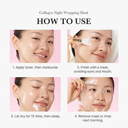 Instructions on how to use a collagen night wrapping mask with step-by-step images.