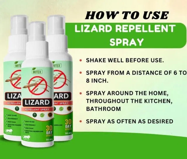 Lizard repellent spray bottles with usage instructions on a green and beige background