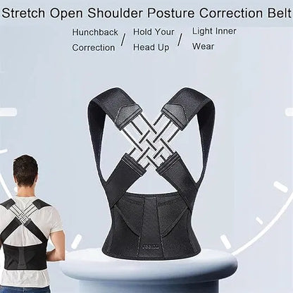 Black posture correction belt with text on a light blue background