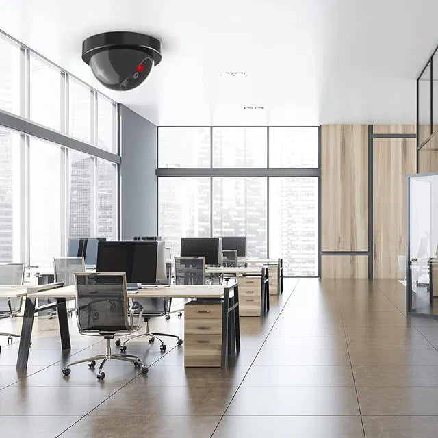 Modern office space with desks, chairs, and large windows.