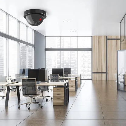 Modern office space with desks, chairs, and large windows.