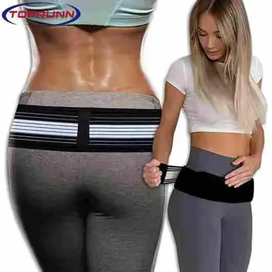 Woman wearing a black waist trainer with visible branding on a white background