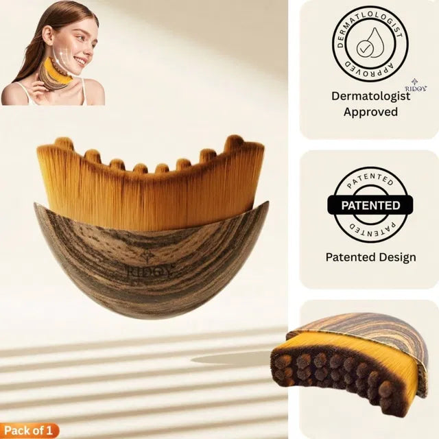 Neck scrubber with packaging and branding elements on a beige background