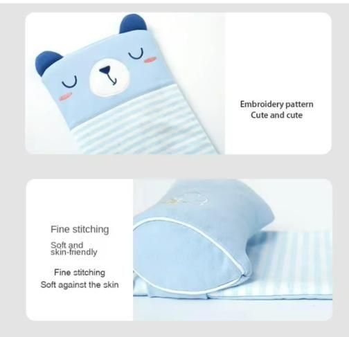 Baby blanket with cartoon bear design and text highlighting features on a light gray background