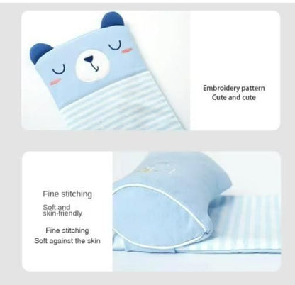 Baby blanket with cartoon bear design and text highlighting features on a light gray background