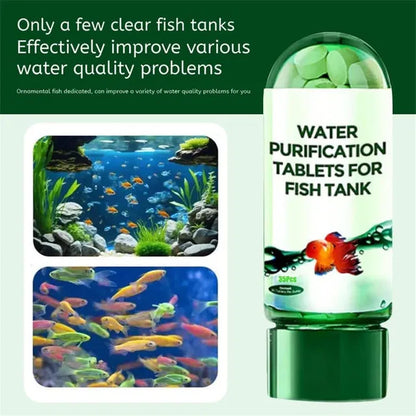 Water purification tablets for fish tank with images of a clean aquarium and fish.